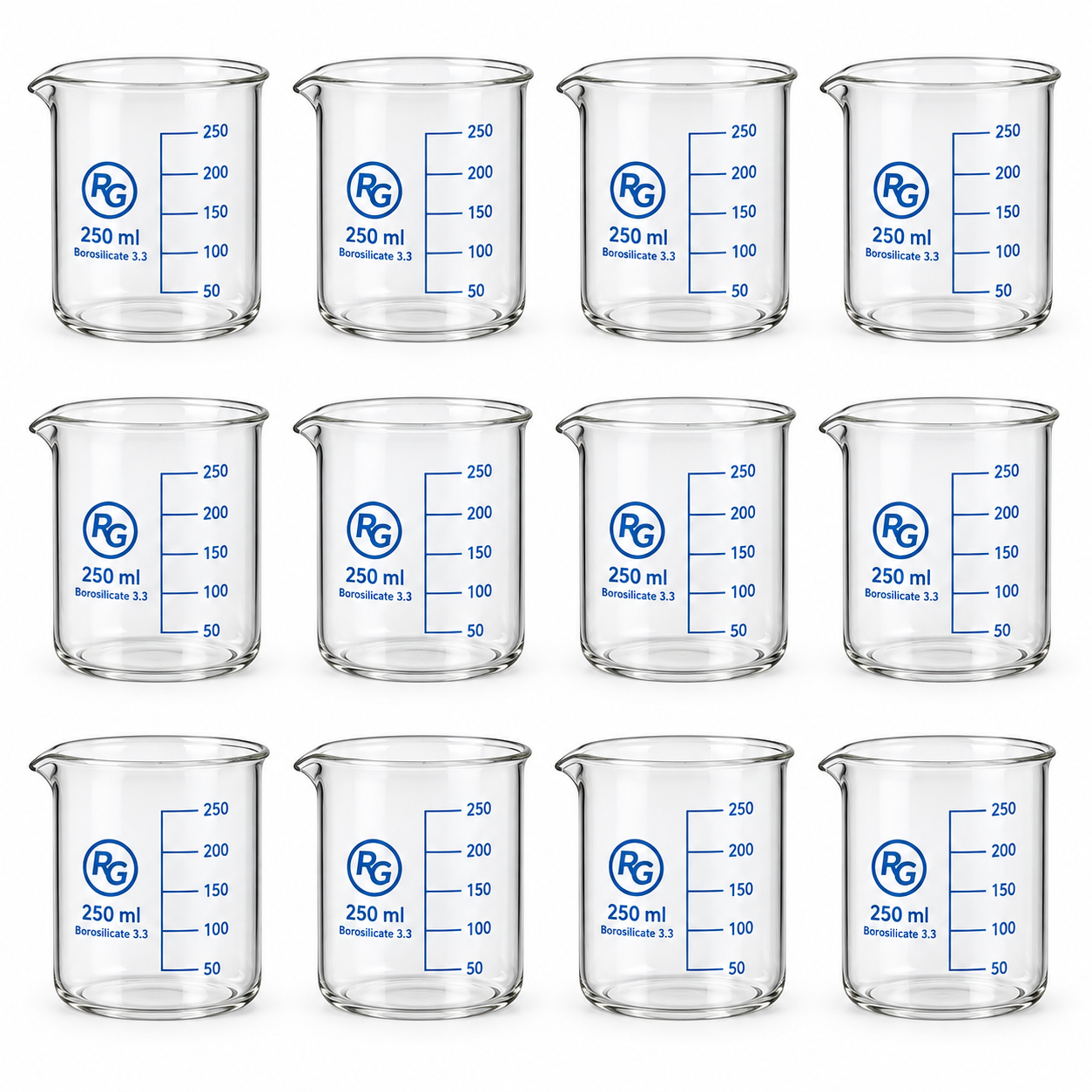 RG® Borosilicate 3.3 Glass Beakers 250 ml — Pack of 12